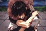  1000_(user_1527793) 1boy bangs black_footwear black_hair black_shirt blood blood_on_face bloody_weapon blue_eyes blurry blurry_background fighting_stance full_body fushiguro_touji hair_between_eyes highres holding holding_sword holding_weapon jujutsu_kaisen looking_at_viewer male_focus monster one_knee outdoors pants shirt shoes short_hair short_sleeves short_sword smile solo sword tsurime weapon white_pants 