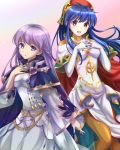  2girls :d belly_chain blue_dress cloak dress elbow_gloves expressionless fire_emblem fire_emblem:_the_binding_blade gloves hand_on_own_chest highres interlocked_fingers jewelry kakiko210 lavender_dress light_particles lilina_(fire_emblem) long_hair long_sleeves looking_at_viewer multiple_girls open_mouth purple_cloak purple_eyes purple_hair simple_background smile sophia_(fire_emblem) turtleneck_dress very_long_hair white_dress white_gloves 
