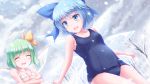  2girls :d ^_^ bangs bare_arms bare_shoulders bare_tree bikini blue_eyes blue_swimsuit breasts cirno closed_eyes cloud cloudy_sky cold collarbone commentary_request covered_navel daiyousei dutch_angle eyebrows_visible_through_hair fairy_wings highres ice ice_wings lzh medium_breasts multiple_girls one-piece_swimsuit open_mouth school_swimsuit short_hair sky smile snowing string_bikini swimsuit touhou tree trembling white_bikini wings winter 