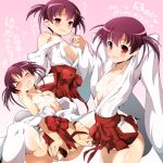  1girl arms_behind_head bare_shoulders blush breasts closed_eyes eyebrows_visible_through_hair gradient gradient_background hakama hakama_skirt highres implied_sex japanese_clothes looking_at_viewer miko nipples one-piece_tan open_mouth pink_background red_eyes red_hakama saki short_twintails small_breasts smile solo tan tanline thighhighs thighs topless translation_request twintails usuzumi_hatsumi white_legwear wide_sleeves xiao_rui_rui 