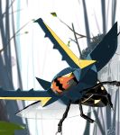 absurdres branch bug flying gen_7_pokemon highres insect insect_wings leaf no_humans pokemon pokemon_(creature) signature solo vikavolt wings yellow_eyes yuyu_ekaki_dayo 