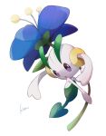  :o blue_flower commentary_request creature floette floette_(blue) flower full_body gen_6_pokemon highres holding holding_flower kisa_(kisa-kisa5900) no_humans pokemon pokemon_(creature) purple_eyes signature solo white_background 