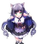  1girl animal_ear_fluff animal_ears bangs bare_shoulders black_hair black_legwear blue_sleeves blush breasts cat_ears detached_sleeves eyebrows_visible_through_hair fang frilled_skirt frilled_sleeves frills green_eyes hands_on_hips highres ittokyu karyl_(princess_connect!) leaning_forward long_hair long_sleeves looking_at_viewer low_twintails multicolored_hair open_mouth princess_connect! princess_connect!_re:dive purple_skirt shirt simple_background skirt sleeveless sleeveless_shirt small_breasts solo streaked_hair thighhighs twintails v-shaped_eyebrows very_long_hair white_background white_hair white_shirt wide_sleeves 