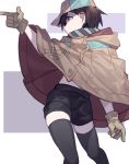  1girl black_hair black_legwear black_shorts brown_coat brown_gloves caddy_cyd coat finger_gun gloves hair_between_eyes hat hijiriido_miyo hondoumachi_koharu id_:invaded looking_to_the_side midriff red_eyes short_hair shorts simple_background solo thighhighs 