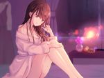  1girl alarm_clock bangs bare_shoulders blurry blurry_background breasts brown_hair cleavage clock closed_mouth collarbone curtains flower highres indoors knees_up lamp legs_together long_hair looking_at_viewer nagidango original pink_robe purple_eyes robe sitting smile solo table vase window 