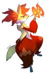  breathing_fire commentary creature delphox english_commentary fire full_body gen_6_pokemon holding holding_stick looking_away no_humans number pinkgermy pokedex_number pokemon pokemon_(creature) signature simple_background solo standing standing_on_one_leg stick white_background 