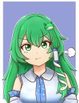  1girl :t absurdres bangs bare_shoulders blue_background border breasts collared_shirt cyczen detached_sleeves eyebrows_visible_through_hair frog_hair_ornament green_eyes green_hair hair_between_eyes hair_ornament hair_tubes highres kochiya_sanae large_breasts long_hair looking_at_viewer outline outside_border pout shirt sidelocks simple_background snake_hair_ornament solo touhou upper_body v-shaped_eyebrows white_border white_outline white_shirt wool_(miwol)_(style) 