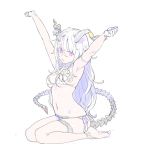  1girl arm_strap armpits barefoot bra breasts closed_mouth curled_horns demon_tail enkyo_yuuichirou from_side gloves hair_between_eyes half_gloves hands_up highres horn_flower horns large_breasts long_hair looking_at_viewer looking_to_the_side multicolored_hair navel original panties purple_eyes purple_hair side-tie_panties simple_background sitting solo streaked_hair stretch tail thigh_strap underwear wariza white_background white_bra white_gloves white_hair white_panties 