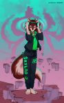  2020 abstract_background absurd_res anthro barefoot brown_hair cacuu canid canine canis clothed clothing collar eyes_closed female hair headphones hi_res mammal skylar_zero smile solo sweatpants wolf 