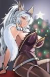  1girl animal_ears arm_support belt black_legwear breasts christmas_tree detached_collar fur granblue_fantasy heles jonylaser large_breasts looking_at_viewer looking_to_the_side playboy_bunny shawl silver_hair smile solo wrist_cuffs yellow_eyes 