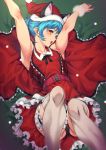  1girl animal_ear_fluff animal_ears armpits arms_up belt blue_cat blue_hair breasts cat_ears collarbone hat highres looking_at_viewer lying medium_breasts on_back open_mouth orange_eyes precure red_belt red_headwear red_skirt santa_hat short_hair skirt solo star_twinkle_precure sugarbeat thighhighs white_legwear yuni_(precure) 