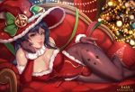  1girl aqua_eyes black_hair blush breasts bulge christmas cleavage couch covered_nipples detached_sleeves erection erection_under_clothes exlic feet_out_of_frame fur_collar fur_trim futanari genshin_impact gloves hat indoors large_breasts leotard lips long_hair lying mona_(genshin_impact) on_side pantyhose patreon_username pillow red_headwear red_leotard santa_leotard smile solo testicles_under_clothes window witch_hat 