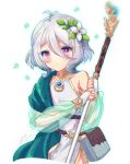  1girl :o antenna_hair bangs bare_shoulders blush bridal_gauntlets detached_sleeves dress eyebrows_visible_through_hair flower grey_hair hair_between_eyes hair_flower hair_ornament holding holding_spear holding_weapon ittokyu kokkoro_(princess_connect!) long_sleeves looking_at_viewer parted_lips pointy_ears polearm princess_connect! princess_connect!_re:dive puffy_long_sleeves puffy_sleeves purple_eyes see-through see-through_sleeves signature simple_background sleeveless sleeveless_dress solo spear weapon white_background white_dress white_flower 