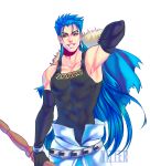  1boy arm_behind_back armpits artist_name belt biceps blue_hair bracelet capelet collarbone cu_chulainn_(fate)_(all) cu_chulainn_(fate/grand_order) earrings elbow_gloves fangs fate/grand_order fate_(series) fur-trimmed_capelet fur_trim gloves grin highres holding holding_staff jewelry long_hair looking_at_viewer male_focus multiple_piercings pectorals red_eyes removing_cape simple_background skin_tight slit_pupils smile solo spiked_hair staff tank_top type-moon vitter white_background 