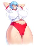 1girl arms_up ayanami_rei blue_hair blush breasts buruma cameltoe covered_nipples gym_shirt gym_uniform highleg highleg_buruma highres huge_breasts impossible_clothes impossible_shirt looking_at_viewer mogudan neon_genesis_evangelion puffy_nipples red_buruma red_eyes shiny shiny_hair shiny_skin shirt short_hair simple_background solo standing thick_thighs thighs white_background 