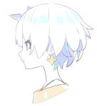  1girl blue_eyes blue_hair closed_mouth colored_skin earrings eclair_groove enkyo_yuuichirou from_side horns jewelry metro_mew multicolored_hair portrait profile purple_eyes shiny shiny_hair short_hair simple_background single_horn solo star_(symbol) star_earrings two-tone_hair white_background white_hair white_skin 