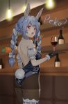  1girl :o absurdres alcohol animal_ears ass bangs bare_back black_gloves black_legwear black_leotard blue_hair blurry blurry_background blush bottle bow braid bunny_ears bunny_tail carrot_hair_ornament cowboy_shot cup detached_collar detached_sleeves drinking_glass eyebrows_visible_through_hair food_themed_hair_ornament fur_trim gloves guiter hair_between_eyes hair_bow hair_ornament highres holding holding_tray hololive indoors leg_garter leotard lights long_hair looking_at_viewer multicolored_hair orange_eyes pantyhose playboy_bunny puffy_short_sleeves puffy_sleeves shelf short_sleeves silver_hair solo standing tail tray twin_braids twintails two-tone_hair usada_pekora virtual_youtuber white_bow wine wine_bottle wine_glass 