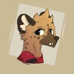  1:1 absurd_res admiralbarley aggressive_retsuko anthro brown_body brown_fur bust_portrait clothed clothing facing_aside fur haida hi_res hyaenid male mammal pattern_clothing portrait sanrio shirt simple_background solo spots spotted_body spotted_fur striped_clothing stripes teeth topwear 