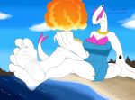  2020 3_toes 44vex anthro anthrofied barefoot beach big_breasts blue_clothing blue_topwear bottomless breasts clothed clothing comic dialogue english_text explosion feet_in_water female foot_focus green_eyes hi_res jewelry legendary_pok&eacute;mon lugia macro necklace nintendo outside pok&eacute;mon pok&eacute;mon_(species) seaside sitting_on_ground solo text toes topwear topwear_only video_games white_body white_feet wrinkled_feet 