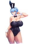  1girl animal_ears ayanami_rei black_leotard blue_hair blush breasts bunny_ears bunny_tail cleavage covered_nipples fake_animal_ears fishnet_legwear fishnets highres huge_breasts leotard looking_at_viewer mogudan neon_genesis_evangelion pantyhose playboy_bunny shiny shiny_hair shiny_skin short_hair solo standing strapless strapless_leotard tail thick_thighs thighs wrist_cuffs 