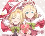  2girls :d alice_margatroid aqua_eyes bangs blonde_hair bow braid buttons capelet christmas commentary english_text fur-trimmed_capelet fur-trimmed_hood fur_trim gift green_bow hat holding holding_gift hood kirisame_marisa large_hat looking_at_viewer multiple_girls open_mouth parted_bangs pink_nails red_capelet red_headwear sakuraba_yuuki santa_costume side_braid smile touhou witch_hat 