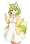  1girl animal_ear_fluff animal_ears blush bob_cut closed_mouth cowboy_shot daisy dress flower fox_ears fox_tail green_eyes green_fox_(sasaame) green_hair hair_flower hair_ornament hands_up head_wreath heart heart_necklace highres jacket legs_together long_sleeves looking_at_viewer medium_hair open_clothes open_jacket original pink_flower purple_flower sasaame signature simple_background smile solo tail twitter_username white_background white_dress white_flower yellow_flower yellow_jacket 