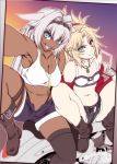  2girls animal_ears arm_up blonde_hair blue_eyes boots breasts caenis_(fate) commentary_request crop_top dark_skin dated denim denim_shorts fate/grand_order fate_(series) green_eyes ground_vehicle hair_between_eyes hair_ornament hair_scrunchie hairband hisahiko long_hair medium_breasts mordred_(fate) mordred_(fate)_(all) motor_vehicle motorcycle multiple_girls navel open_mouth pink_hair ponytail scrunchie self_shot shorts single_thighhigh sitting small_breasts smile thighhighs 