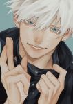  1boy bangs black_jacket blue_background blue_eyes crossed_fingers eyelashes gojou_satoru hair_between_eyes hands_up high_collar highres jacket jujutsu_kaisen looking_at_viewer male_focus short_hair simple_background smile solo sriokorr upper_body white_hair 