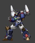  absurdres clenched_hands drill glowing glowing_eye grey_background highres hyper_universe mecha no_humans pose robot simple_background standing starcat super_robot yellow_eyes 