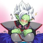  1boy 1girl black_shirt blue_pants blush breasts closed_eyes closed_mouth colored_skin cum cum_in_clothes cum_through_clothes dragon_ball dragon_ball_super earrings ejaculation ejaculation_under_clothes erection erection_under_clothes facing_viewer fused_zamasu genderswap genderswap_(mtf) green_skin grey_eyes hetero jewelry large_breasts long_pointy_ears long_sleeves nose_blush paizuri paizuri_under_clothes pants penis penis_under_clothes pointy_ears potara_earrings pov ring shirt solo_focus spiked_hair sweat teba_makoto translation_request vegetto white_hair 