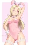  1girl :o animal_ears arm_behind_head arm_up armpits bare_arms bare_shoulders blonde_hair bow bowtie breasts bunny_ears cleavage covered_navel cowboy_shot detached_collar fake_animal_ears fishnet_legwear fishnets forehead garter_straps groin hand_on_hip highleg highleg_leotard leotard long_hair looking_at_viewer medium_breasts no_bra open_mouth original pink_eyes pink_leotard playboy_bunny sasaame solo standing strapless strapless_leotard thighhighs thighs two-tone_background wrist_cuffs 