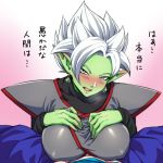  1boy 1girl black_shirt blue_pants blush breasts colored_skin dragon_ball dragon_ball_super earrings fused_zamasu genderswap genderswap_(mtf) green_skin grey_eyes hetero jewelry large_breasts long_pointy_ears long_sleeves looking_at_viewer nose_blush open_mouth paizuri paizuri_under_clothes pants pointy_ears potara_earrings pov ring shirt solo_focus spiked_hair sweat teba_makoto translation_request vegetto white_hair 
