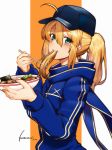  1girl ahoge artoria_pendragon_(all) bangs baseball_cap black_headwear blonde_hair blue_eyes blue_jacket blue_scarf blush bowl chopsticks commentary_request eating eyebrows_visible_through_hair fate/grand_order fate_(series) food hair_between_eyes hair_through_headwear hands_up hat highres holding holding_bowl holding_chopsticks jacket kosumi long_hair long_sleeves looking_at_viewer mysterious_heroine_x noodles orange_background ponytail ramen scarf signature solo two-tone_background white_background 