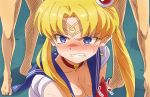  1girl 2boys angry bishoujo_senshi_sailor_moon blonde_hair blue_sailor_collar blush breasts choker circlet cleavage clenched_teeth crescent crescent_earrings earrings heart heart_choker jewelry long_hair magical_girl medium_breasts multiple_boys nose_blush red_choker sailor_collar sailor_moon sailor_moon_redraw_challenge solo_focus teeth tsukino_usagi twintails upper_body yaneko_uta 