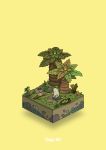  absurdres commentary_request diorama food fruit giving gozz highres holding holding_food holding_fruit isometric monkey original reaching sitting tree yellow_background 