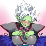 1boy 1girl black_shirt blue_pants blush breasts colored_skin cum cum_in_clothes cum_through_clothes dragon_ball dragon_ball_super earrings ejaculation_under_clothes fused_zamasu genderswap genderswap_(mtf) green_skin grey_eyes hetero jewelry large_breasts long_pointy_ears long_sleeves looking_at_viewer nose_blush one_eye_closed open_mouth paizuri paizuri_under_clothes pants pointy_ears potara_earrings pov ring shirt solo_focus spiked_hair sweat teba_makoto translation_request vegetto white_hair 