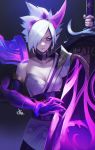  1girl absurdres armor bare_shoulders blue_eyes breasts claws cleavage collarbone distr earrings elbow_gloves fingerless_gloves fingernails gloves glowing glowing_sword glowing_weapon hair_over_one_eye highres holding holding_sword holding_weapon horns jewelry league_of_legends pauldrons pointy_ears purple_gloves riven_(league_of_legends) short_hair shoulder_armor signature single_horn single_pauldron solo spirit_blossom_riven sword weapon white_hair 
