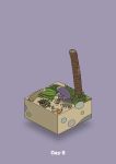  beach bitten commentary diorama firemaking food fruit gozz highres holding holding_stick isometric leaf leaning_forward original palm_leaf purple_background shell sitting stick sweat tree wood 