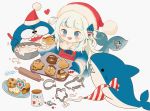 1girl baking bangs bloop_(gawr_gura) blue_eyes blue_hair blush chikuwa_emil cookie cookie_cutter english_commentary eyebrows_visible_through_hair fish_tail food gawr_gura hat heart holding holding_tray hololive hololive_english icing multicolored_hair open_mouth pastry_bag rolling_pin santa_hat shark shark_tail sharp_teeth silver_hair smile streaked_hair tail teeth tray two_side_up virtual_youtuber 
