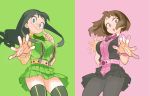  2girls :o adapted_costume asui_tsuyu bangs belt black_skirt boku_no_hero_academia bow bowtie breasts finger_to_cheek floating_hair green_background green_eyes green_hair green_neckwear green_skirt large_breasts leggings long_hair looking_at_viewer multiple_girls open_hands open_mouth pink_background pink_belt pink_neckwear short_hair skirt superhero suspenders thighhighs two-tone_background uraraka_ochako yuuki_(irodo_rhythm) 