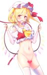  1girl absurdres adapted_costume ascot blonde_hair bottomless censored eyebrows_visible_through_hair flandre_scarlet groin hat heart heart_censor highres konnyaku_(yuukachan_51) looking_at_viewer mob_cap mouth_hold navel red_eyes red_ribbon ribbon short_hair simple_background solo stomach thighhighs thighs touhou white_background white_headwear white_legwear yellow_neckwear 