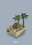  beach bird boat boulder commentary crab diorama food fruit gozz grey_background highres isometric lying on_side original palm_leaf palm_tree shelter shipwreck skull sleeping sos treasure_chest tree watercraft 