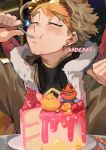  1boy artist_name birthday_cake blonde_hair blush boku_no_hero_academia cake candle closed_eyes commentary eating food fruit goggles goggles_on_head happy_birthday hawks_(boku_no_hero_academia) holding holding_spoon kadeart male_focus red_wings short_hair smile spoon strawberry todoroki_enji utensil_in_mouth wings 