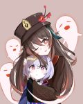  2girls ;d bead_necklace beads blush brown_hair dovah_kiin genshin_impact ghost hat highres hu_tao hug hug_from_behind jewelry jiangshi long_hair long_sleeves looking_at_viewer multiple_girls necklace one_eye_closed open_mouth purple_eyes purple_hair qiqi red_eyes smile symbol-shaped_pupils 