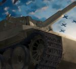  aircraft bf_109 blew_andwhite caterpillar_tracks cloud commentary_request emblem evening girls_und_panzer ground_vehicle highres military military_vehicle motor_vehicle no_humans sky sunlight tank tiger_i 