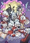  1boy 6+girls animal_ears azazel_(helltaker) beelzebub_(helltaker) black_gloves black_hair black_horns black_suit blue_eyes blush bottle breasts bug candle cerberus_(helltaker) christmas commentary_request cross dark_skin dark_skinned_female demon_girl demon_horns demon_tail dog_ears earrings everyone faceplant fake_beard fake_facial_hair fly food fork fur_trim gauntlets gloves hair_over_one_eye halo hat heart heart-shaped_pupils helltaker helltaker_(character) highres holding holding_plate horns insect jewelry judgement_(helltaker) justice_(helltaker) kyo-hei_(kyouhei) long_hair malina_(helltaker) modeus_(helltaker) money multiple_girls one_eye_closed pancake pandemonica_(helltaker) pizza_box plate portal_(object) red_eyes red_gloves red_headwear red_shirt santa_costume santa_gloves santa_hat shirt short_hair sunglasses sweatdrop sweater symbol-shaped_pupils tail tied_hair triplets white_gloves white_hair white_horns wine_bottle zdrada_(helltaker) 