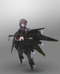  1girl :o absurdres bangs blunt_bangs braid crown_braid eyebrows_behind_hair floating gradient gradient_background highres holding holding_sword holding_weapon katana leaning_back mecha_musume oota_youjo open_mouth original purple_eyes science_fiction sheath sheathed short_hair solo sword thrusters weapon 