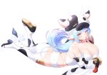  1girl animal_ears animal_print ass bangs bare_shoulders bikini blue_hair blush bow breasts cleavage cow_ears cow_girl cow_hat cow_horns cow_print cow_tail detached_collar detached_sleeves draph gooak granblue_fantasy highres horns large_breasts legs long_hair looking_at_viewer lying on_stomach open_mouth pointy_ears shatola_(granblue_fantasy) short_shorts shorts swimsuit tail thighhighs thighs white_bikini white_bow white_legwear white_shorts wide_sleeves yellow_eyes 