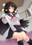  1girl :/ alternate_costume bangs bed between_legs bird_wings black_hair black_legwear black_sailor_collar black_skirt black_wings blurry blurry_background blush bob_cut breasts closed_mouth clothes clothes_hanger clothes_removed collared_shirt disdain dutch_angle feet_out_of_frame frilled_skirt frills from_below hair_tousle half-closed_eyes hand_between_legs hand_in_hair hand_up hat highres indoors kanpa_(campagne_9) kneehighs knees_together_feet_apart laundry_pole leaf-pattern_stripe leaf_print light_blush light_particles long_sleeves looking_at_viewer looking_down maple_leaf_print midriff_peek miniskirt neckerchief on_bed pleated_skirt pointy_ears pom_pom_(clothes) red_eyes red_headwear red_neckwear sailor_collar school_uniform serafuku shameimaru_aya shirt short_hair short_sleeves sidelocks sitting sitting_on_bed skirt small_breasts solo stomach thighs tokin_hat touhou white_shirt wings wooden_ceiling 
