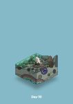  blue_background boulder commentary diorama fish gem gozz highres holding_rock isometric kneeling original plant rock shore water 